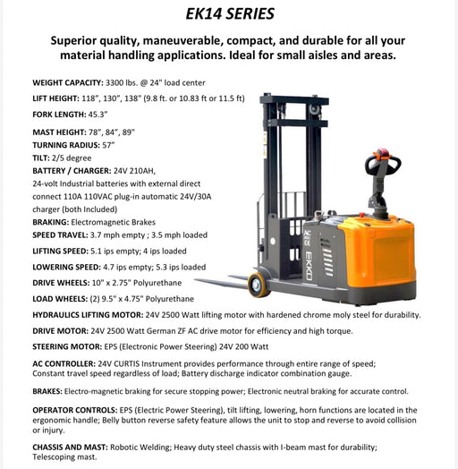 Counterbalance Walkie Stacker 3300 lbs. Load Capacity, 118-138" Lift Height | Ekko EK14 Series |