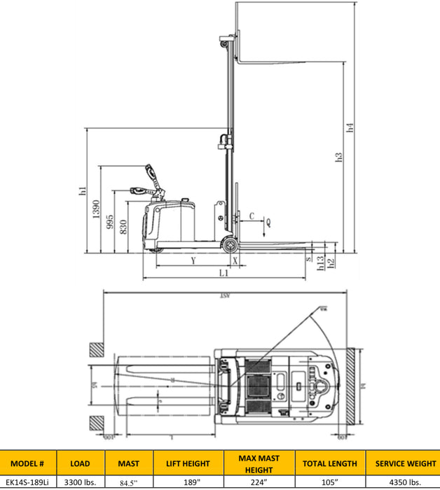 EKKO EK14S-189Li Lithium Powered Counterbalanced Walkie Stacker with 189” Lift and Side-Shifting Capability