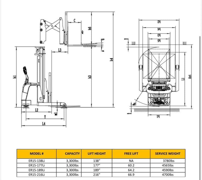 EKKO 45” Fork Walkie Reach Truck | 177” Lift 3300 lb Load Cap. and Side Shift Capability | ER15-177Lii