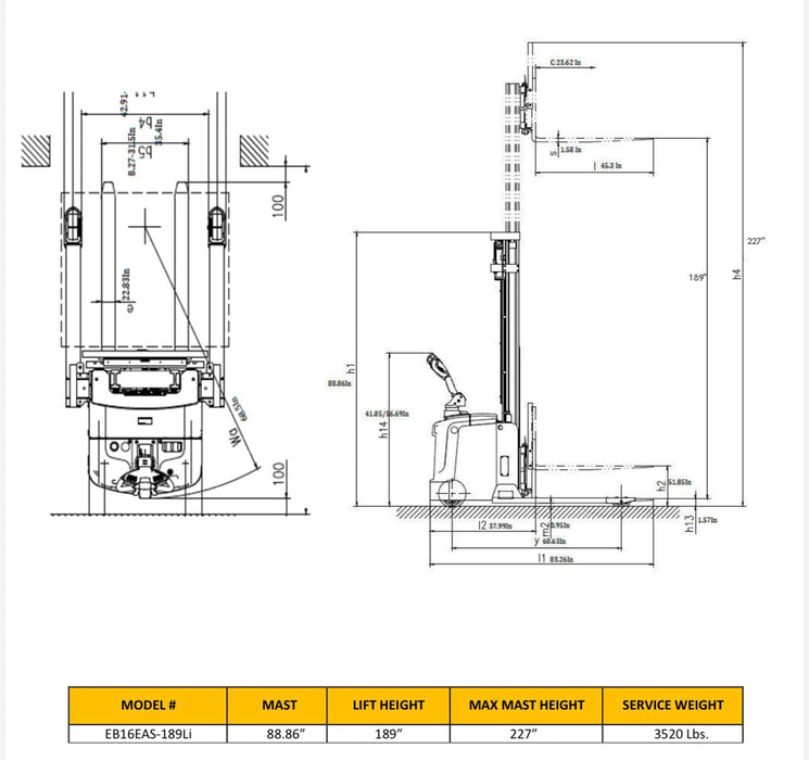 Straddle Stacker 4400 lb Cap., 189" Height, SIDE-SHIFT | EKKO EB16EAS-189Li
