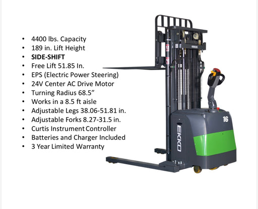 Straddle Stacker 4400 lb Cap., 189" Height, SIDE-SHIFT | EKKO EB16EAS-189Li