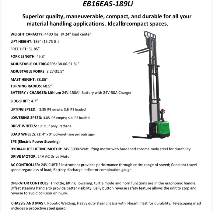 Straddle Stacker 4400 lb Cap., 189" Height, SIDE-SHIFT | EKKO EB16EAS-189Li