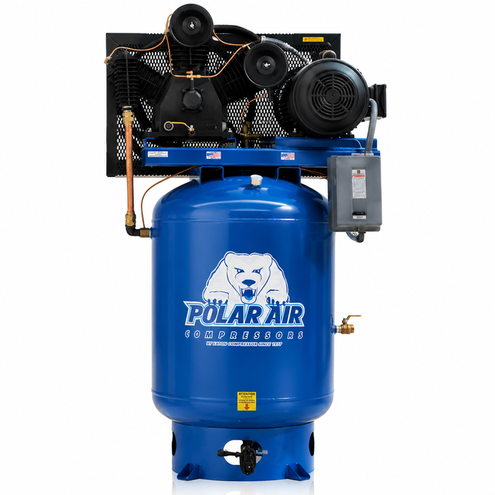 10/15 HP Air Compressor, Pressure Lubricated, 2 Stage, 3 Phase, 15HP 3 Cylinder Pump, 120 Gallon Tank, Vertical Industrial Plus