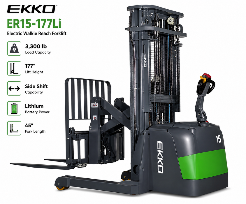 EKKO ER15-177Li Electric Walkie Reach Forklift | 3,300 lb Capacity | 177” Lift | Side Shift