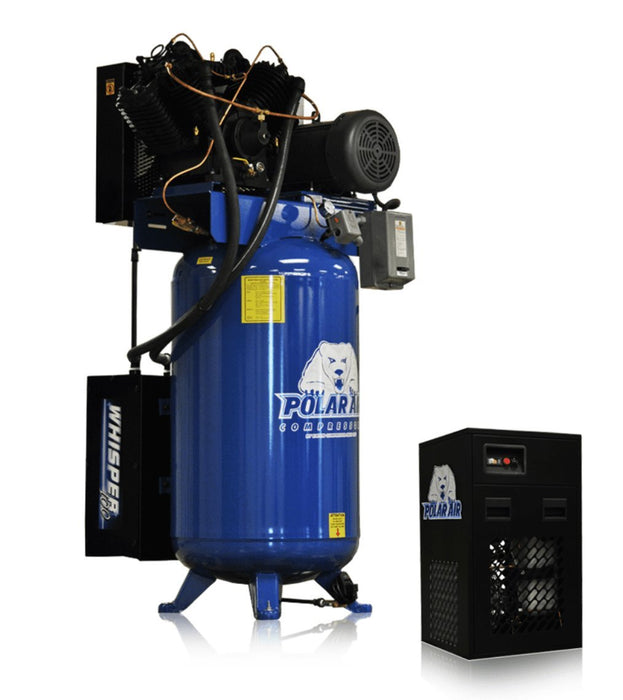 10 HP Quiet Air Compressor, Pressure Lubricated, 2 Stage, Single Phase, V4, 80 Gallon Tank, Vertical, Industrial Plus with 58 CFM Dryer Package,  | Air Compressor | Capital Woods Machinery