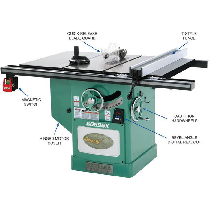 12" 5 HP 220V Extreme Series® Left-Tilt Table Saw | Grizzly G0696X