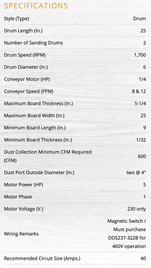 DDS-225 | 25" Dual Drum Sander, 5HP 1PH 230V, 2 Speed | 1791290  | Drum Sander | Powermatic