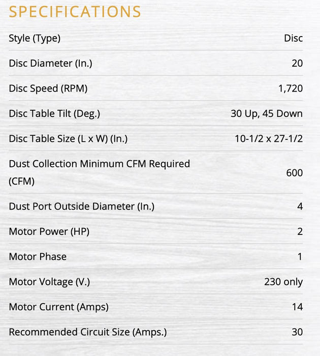 DS-20 | 20" Disc Sander, 2HP 1PH 230V | 1791276  | Disc Sanders | Powermatic