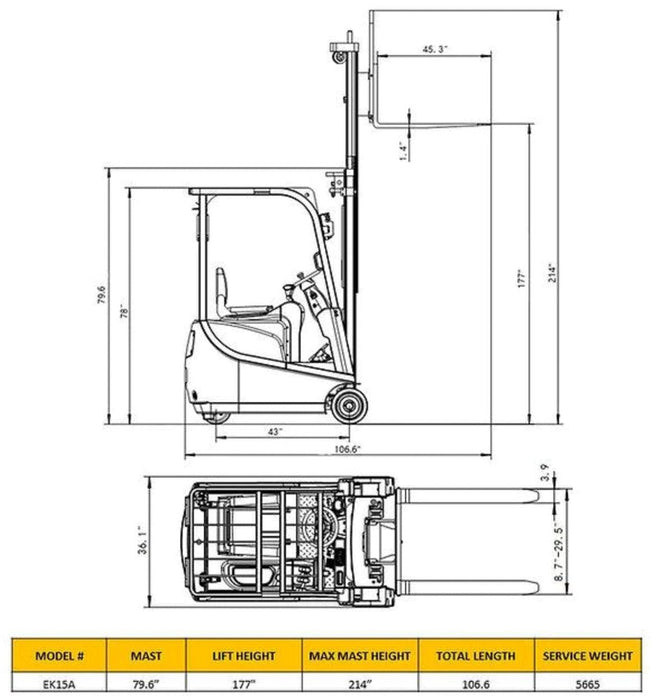 Power Drive and Lift 3 Wheel Forklift 177" Lift 3300lb | Ekko EK15A Forklifts ekko